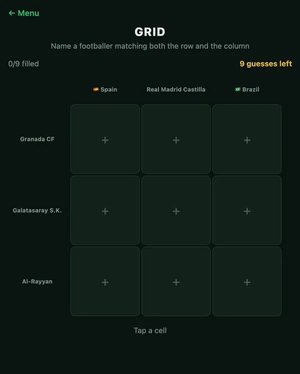Grid mode screen: clubs on the rows and columns